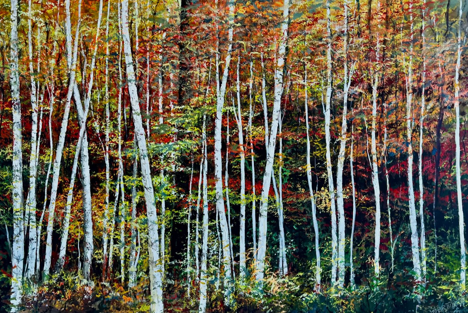 Autumn Solitude, birch forest painting by Paul Ygartua