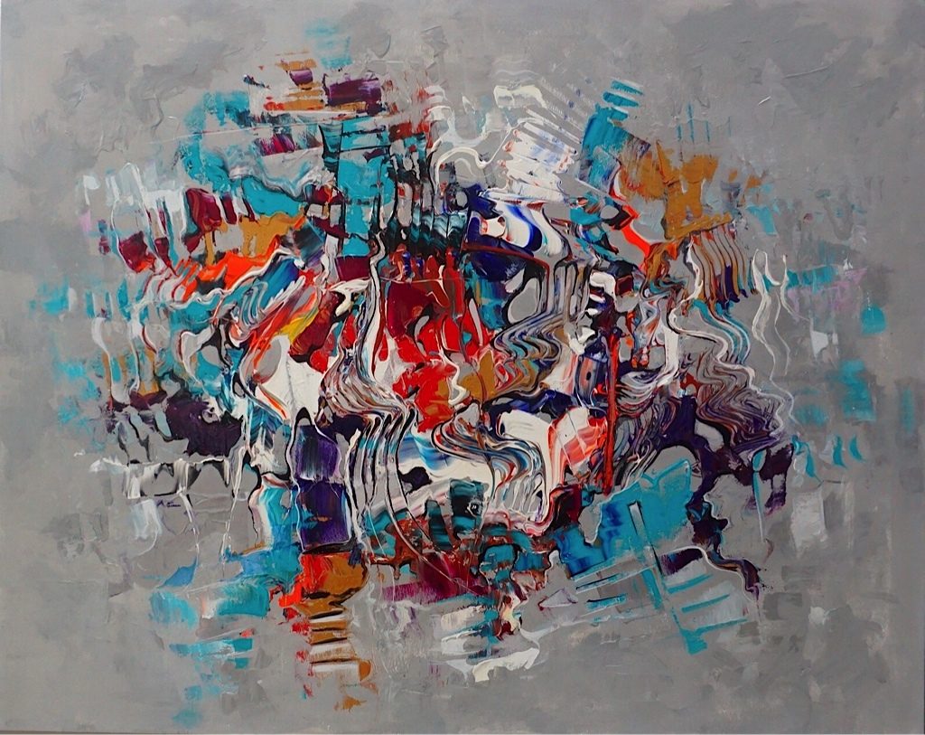Abstract painting with aqua, red and silver with texture.