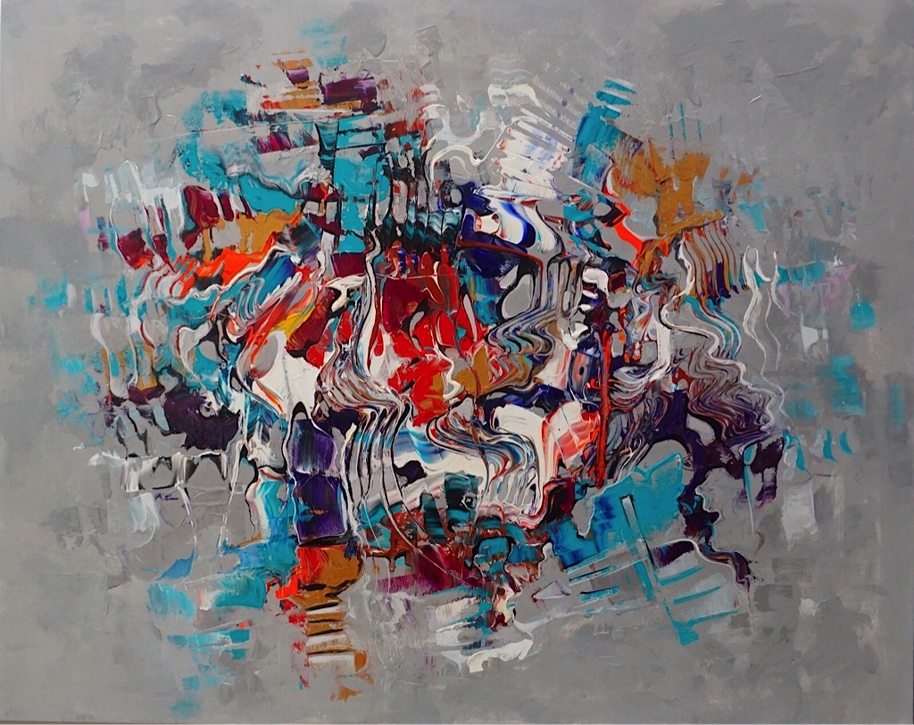 Abstract painting with aqua, red and silver with texture.