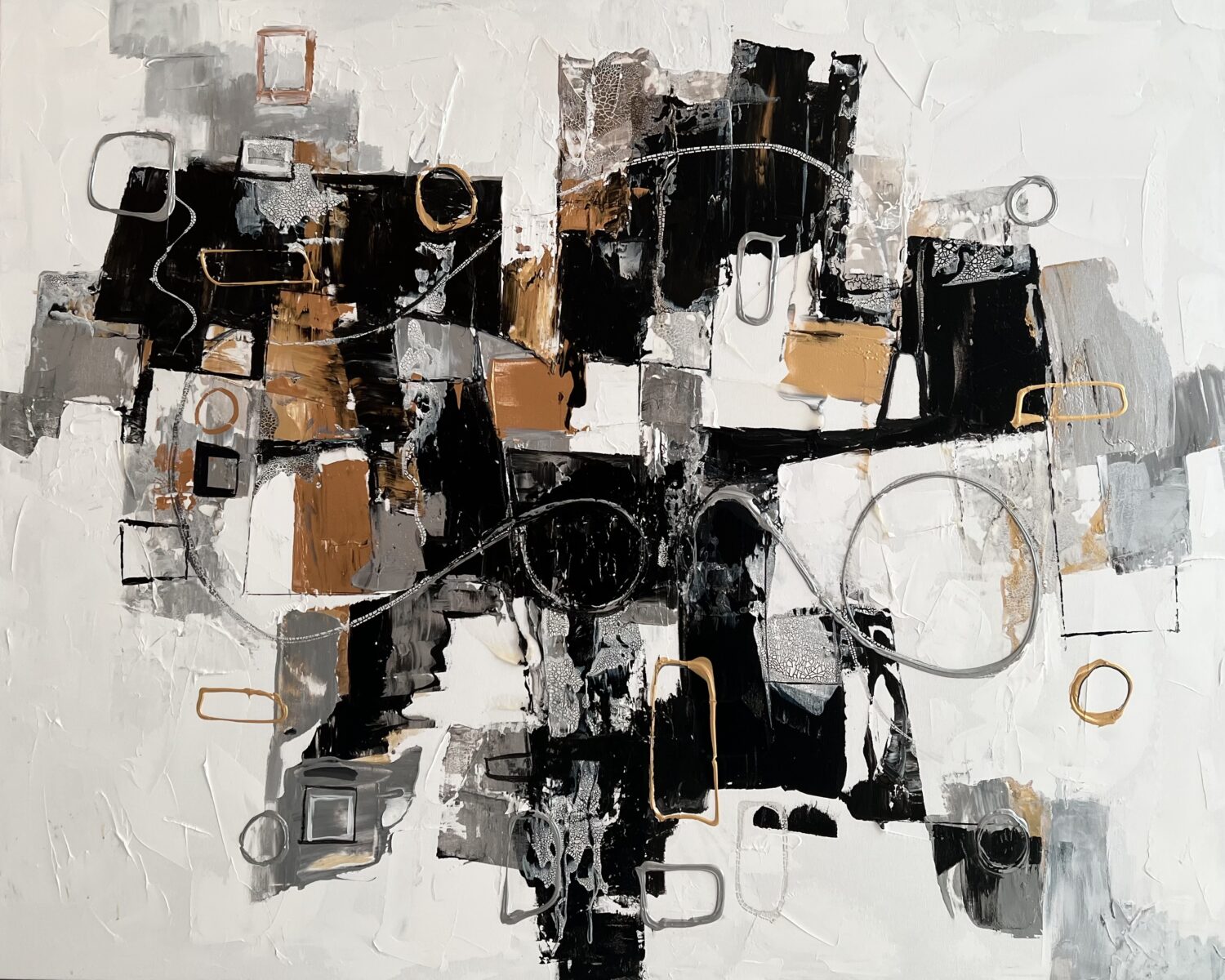 Abstract painting for sale with black and circles - titled Political Blackout. Acrylic on canvas.