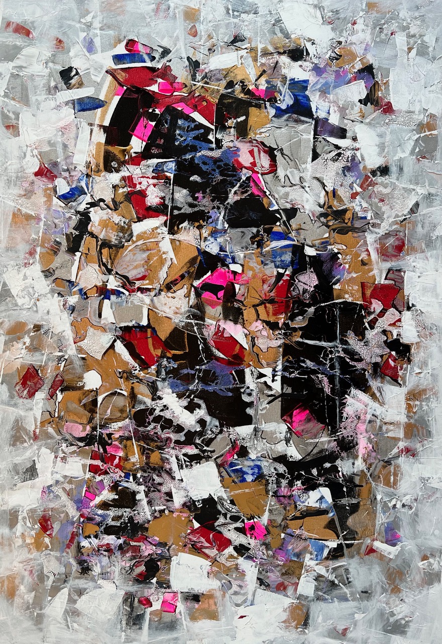 Colourful abstract with pinks golds and blues. Cut shapes and complex.