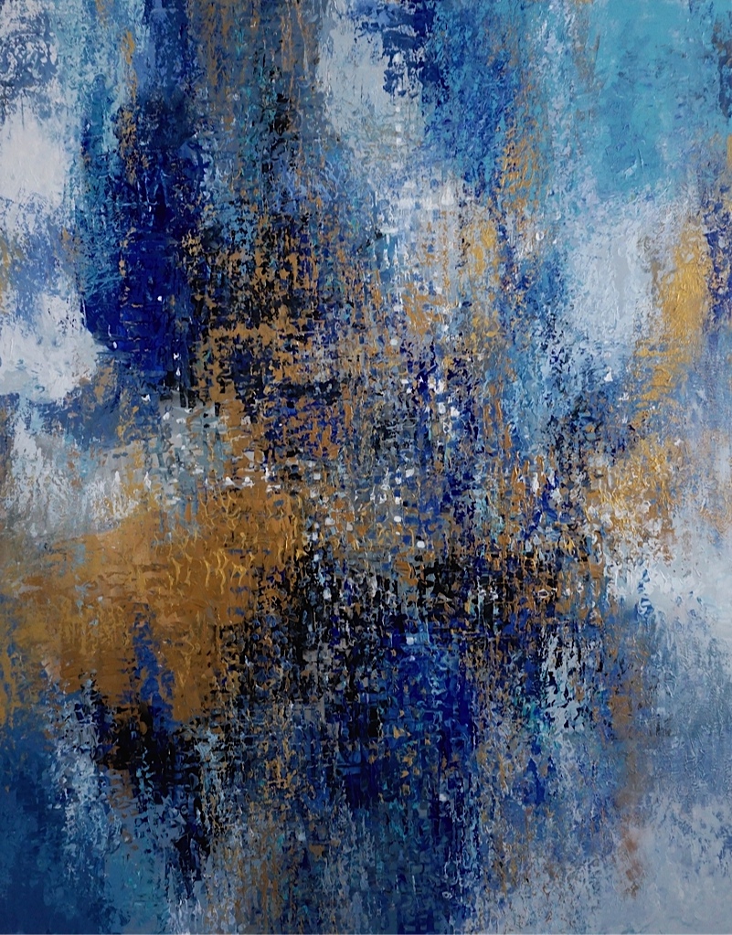 Gold, blue, aqua colours in original abstract art.
