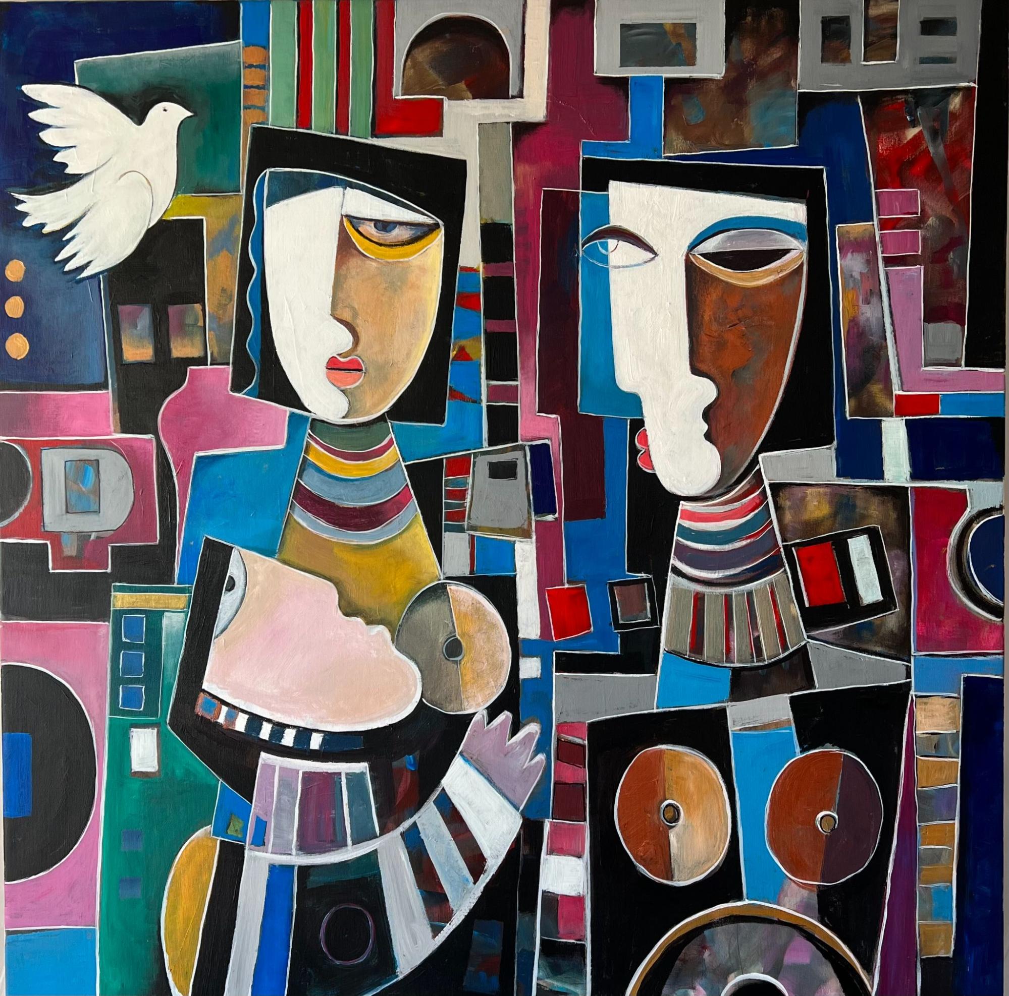 Paul Ygartua in his studio beneath a large portrait painting