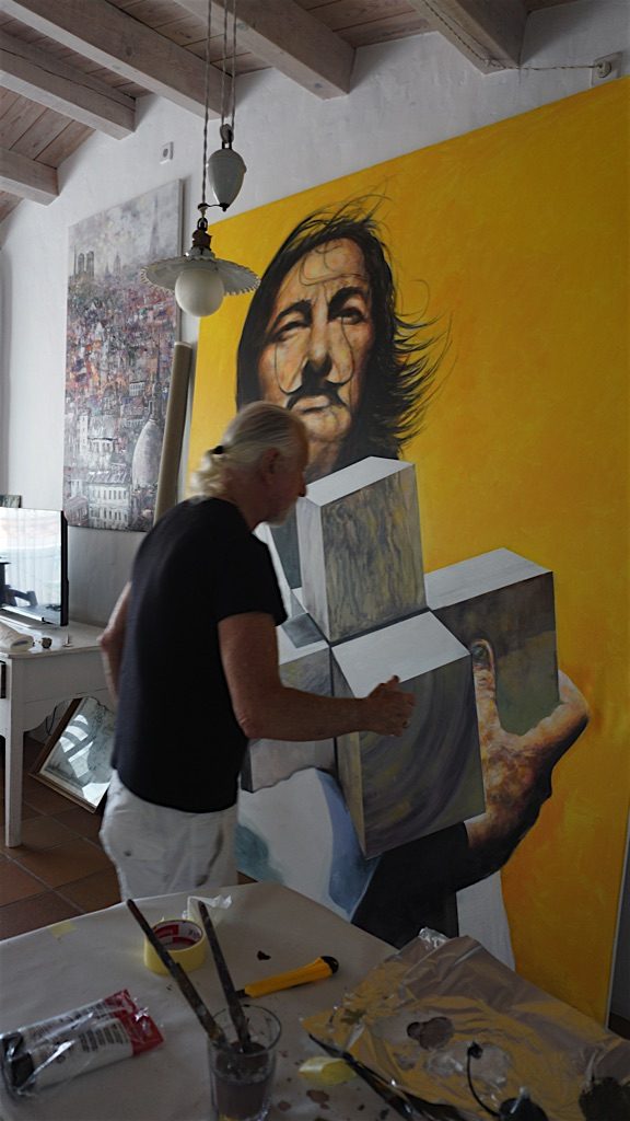 Painting Salvador Dali with the Cross in Cadaqués painting-portrait-of-dali