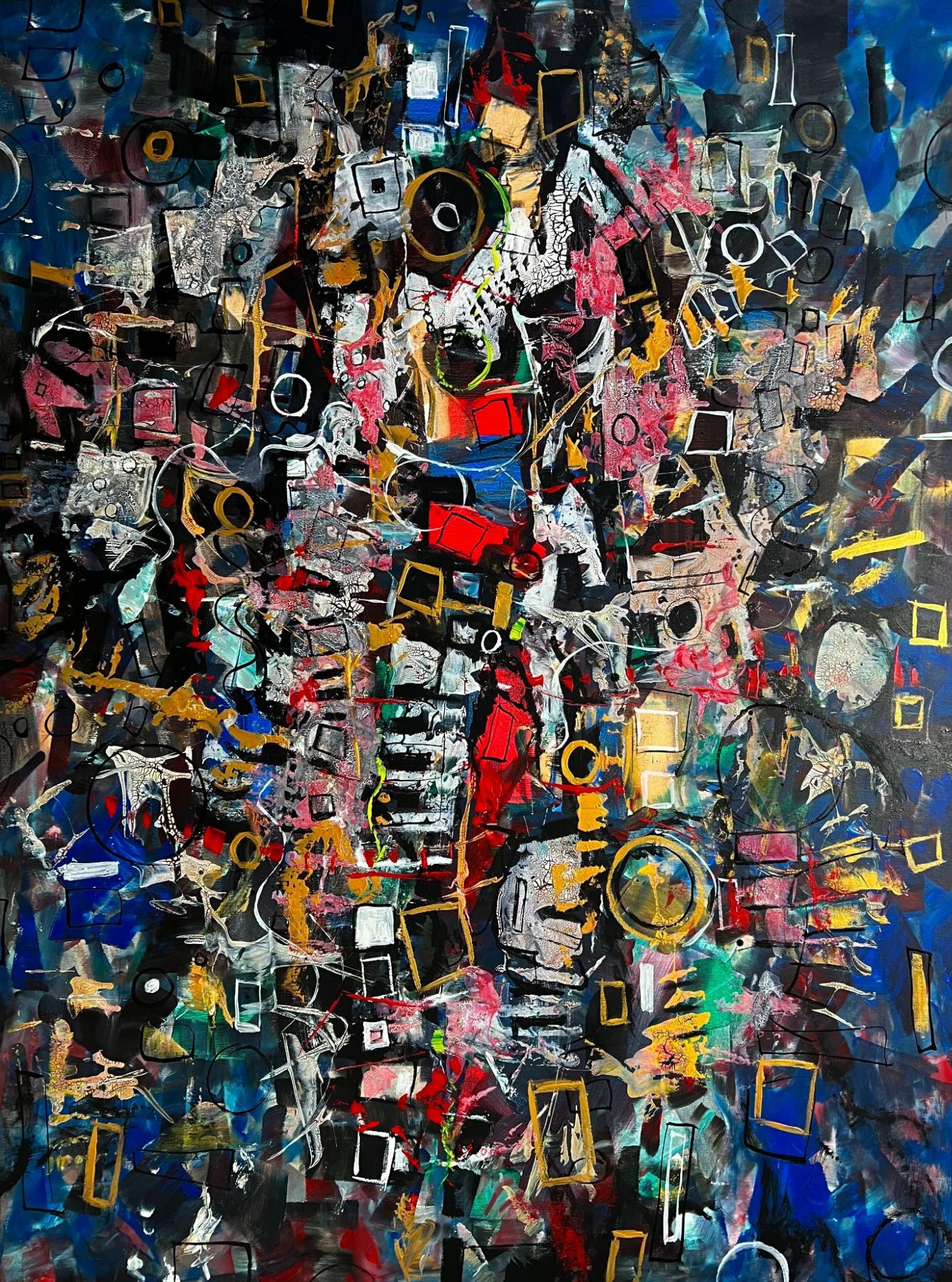 Paul Ygartua in his studio beneath a large portrait painting