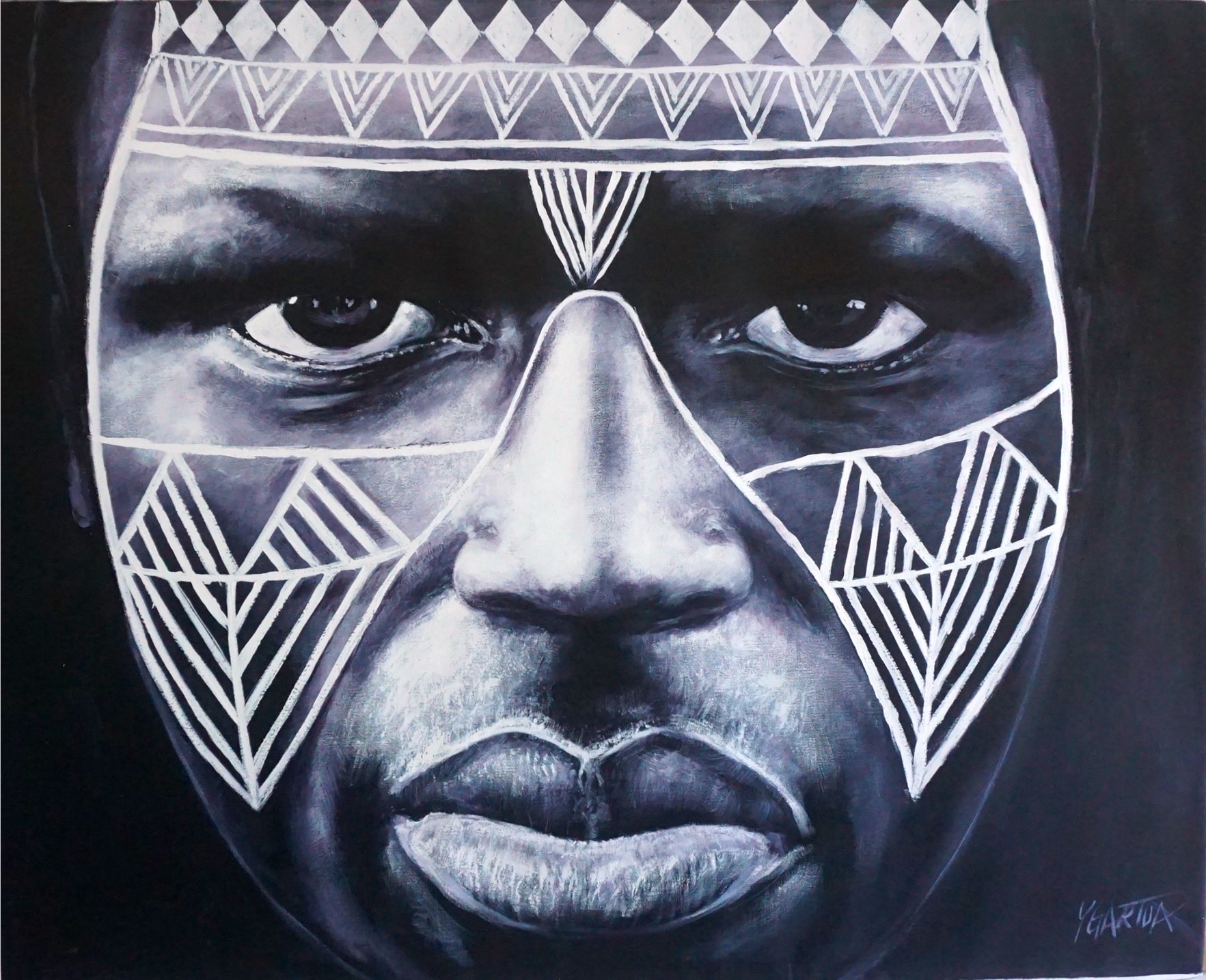 Painting of Native African Tribal painted face with dark shadows by Paul Ygartua