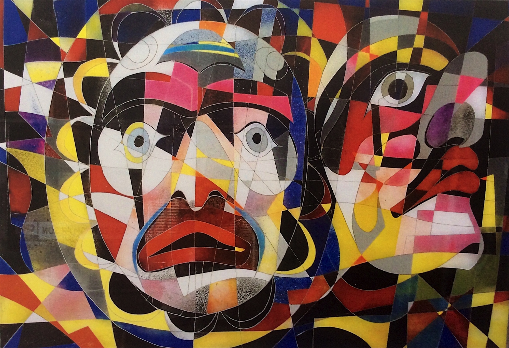 Painting of native totem poles in a future conceptualism style.