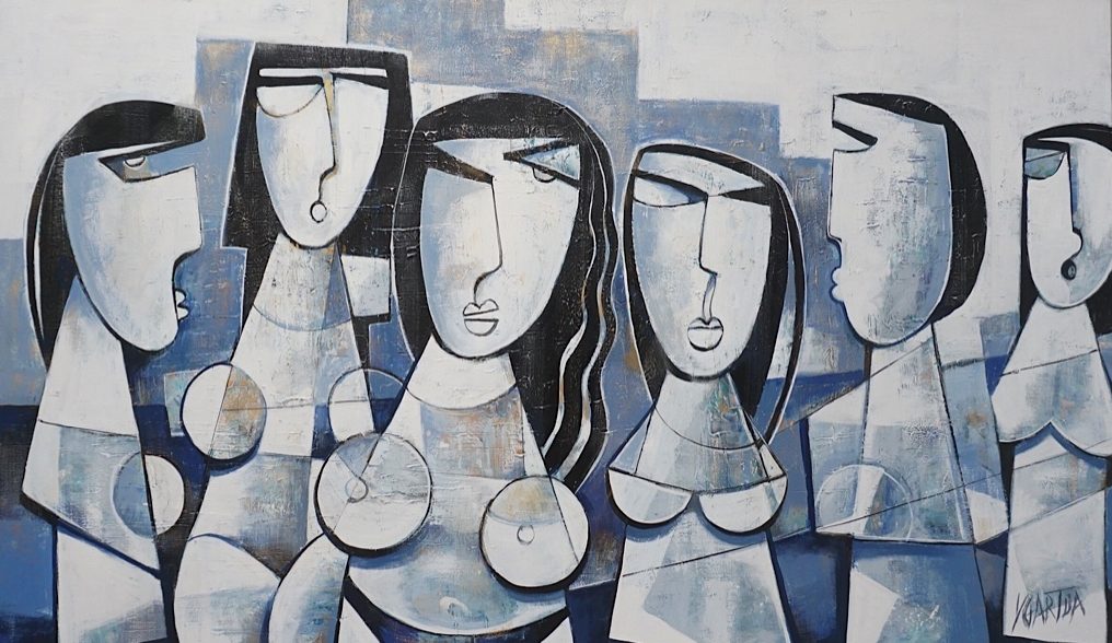 Cubism art of Political strong women waiting for polls on canvas. Acrylic paint Blue, Purples and Whites with Textture.