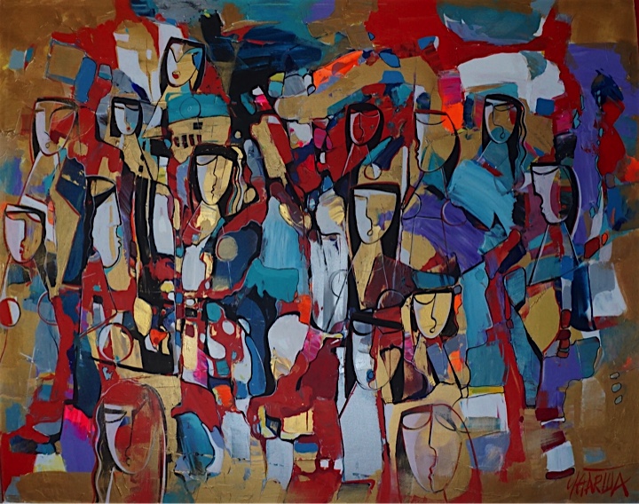 Acrylic painting on canvas, figures in red and golds.