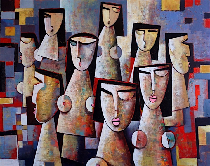 Acrylic painting on canvas, with figures of women in cubism style.