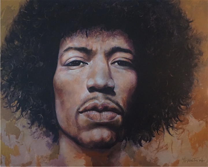 Musician Jimi Hendrix portrait with golds on canvas.