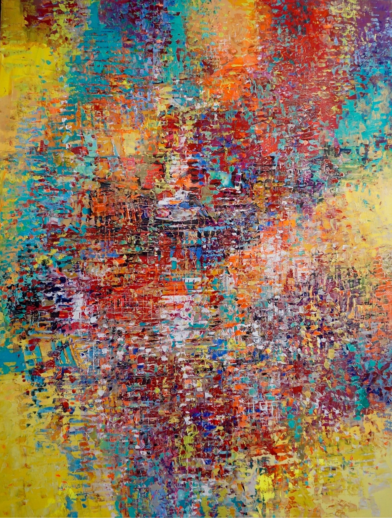 Colourful abstract painting on canvas, yellow, red, aqua and blue