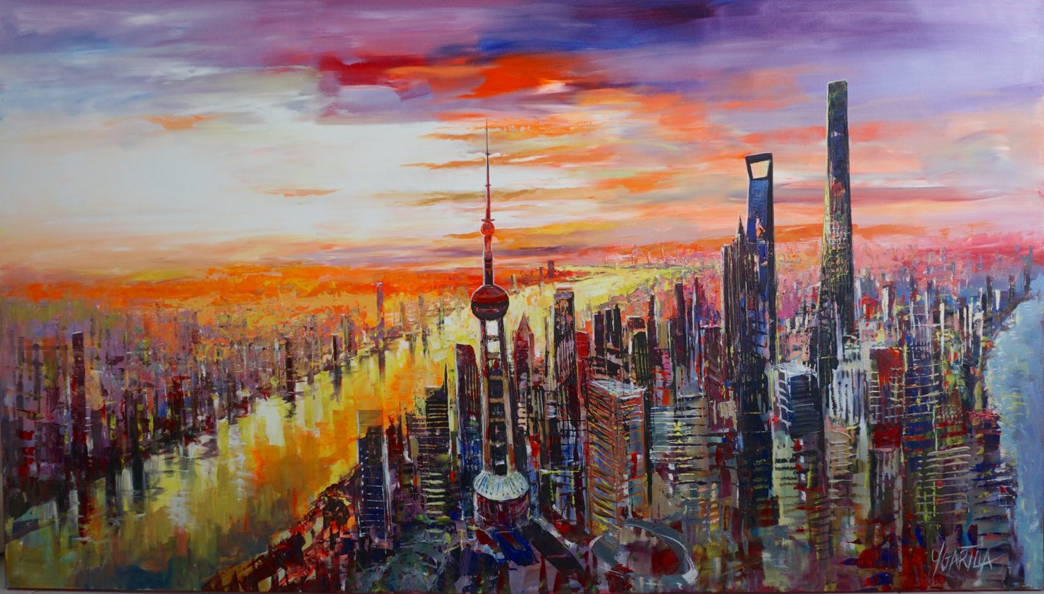 City of Shanghai skyline with river view and sunset.